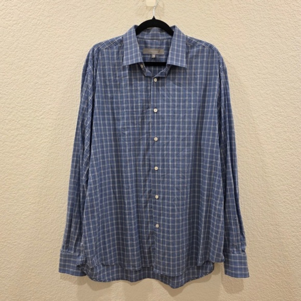 Neiman Marcus Long Sleeve Button Down Shirt Mens XXL‎ Blue Gingham Plaid Cotton